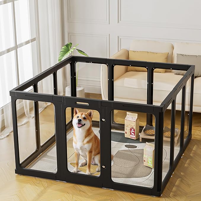 Jalove 12PCS Dog Playpen Clear Puppy Playpen Indoor, 30" H Easy Assemble Transparent Small Pet Play Pen, Sturdy Plastic Dog Fence Crate Kennel Whelping Cage Enclosure for Small to Medium Dog, Black
