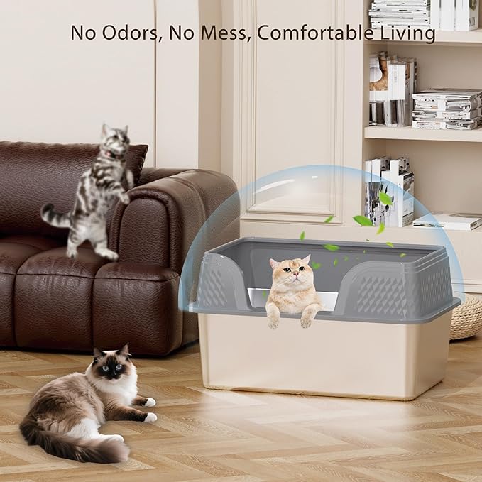 Stainless Steel Litter Box with Lid 23.6" x 15.7" x 14", XXL Litter Box - Extra Large Space with High Sides for Big Cats or Multiple Cats, Side Entry, Leak-Proof, Easy Cleaning, Grey