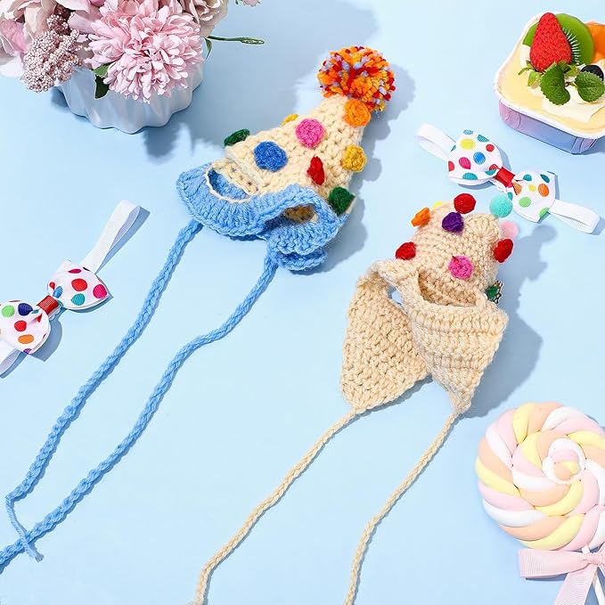 Ganeen 4 Pack Cat Birthday Hat Crochet Happy Birthday Cat Party Outfit Small Animal Top Hats Headband Rabbit Bow Tie Pet Hat Headband Bowtie Collar Costume for Rabbits Kittens Pet Party