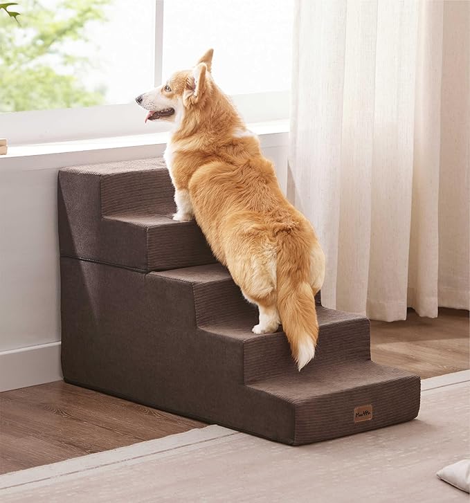 Made4Pets Dog Stairs for High Bed, Extra Wide Pet Stairs for Bed Couch Sofa, 35D Foam Pet Steps for Small Dogs and Cats(Up to 40lbs), Non-Slip Bottom Dog Steps, Brown, 5 Steps