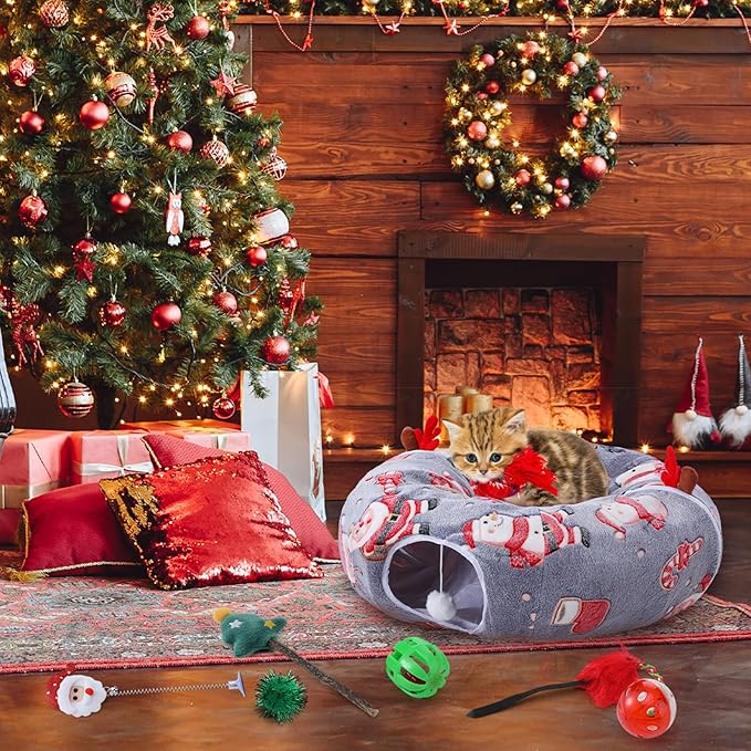 Christmas Cat Tunnel Bed with 8 Cat Toys Fluffy Plush Dog Tunnel Bed with Washable Cushion and Dangling Balls 3FT Multifunctional Playground for Small Medium Large Rabbit(Snowman,Gray)