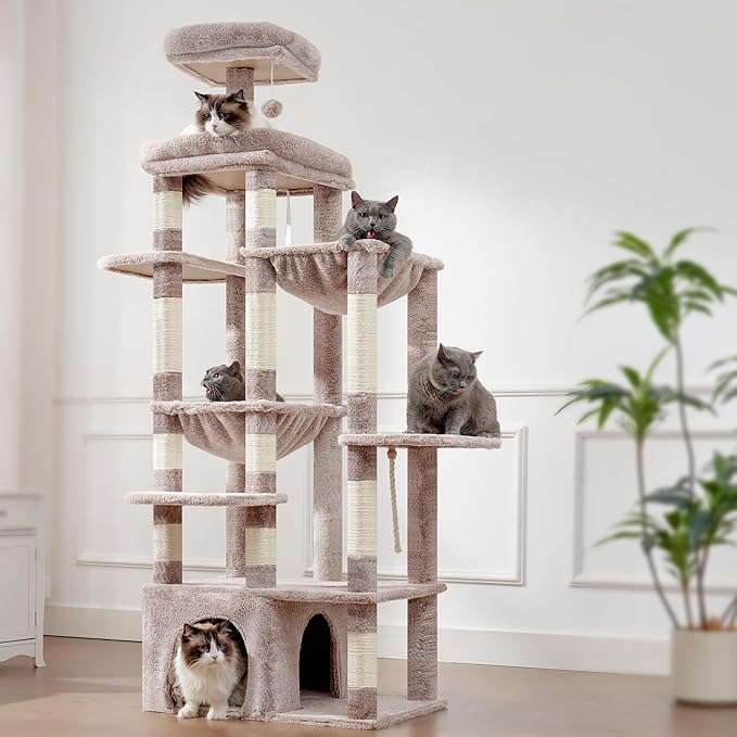Heybly Cat Tree, 71-Inch Tall Cat Tower for Large Maine Coon Cats with Extra-Large Baseboard, Cat Condo Furniture with Multi-Level Platforms, 2 Hammocks and 12 Scratching Posts, Muchroom HCT037MU