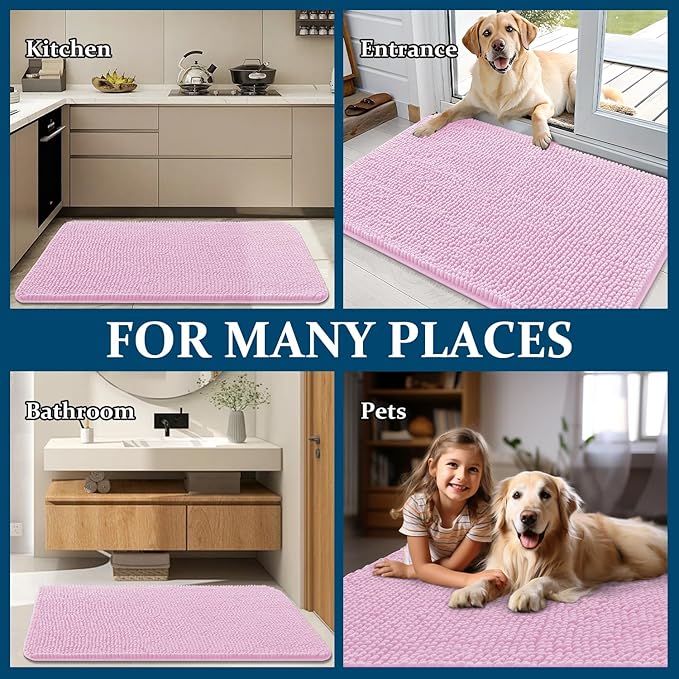 OLANLY Dog Door Mat for Muddy Paws 70x46, Absorbs Moisture and Dirt, Absorbent Non-Slip Washable Doormat, Quick Dry Chenille Mud Mat for Dogs, Entry Indoor Entryway Carpet for Inside Floor, Pink