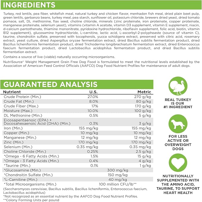 NutriSource Grain Free Dry Dog Food for Weight Management, Turkey, Whitefish Meal and Menhaden Fish Meal, 12LB