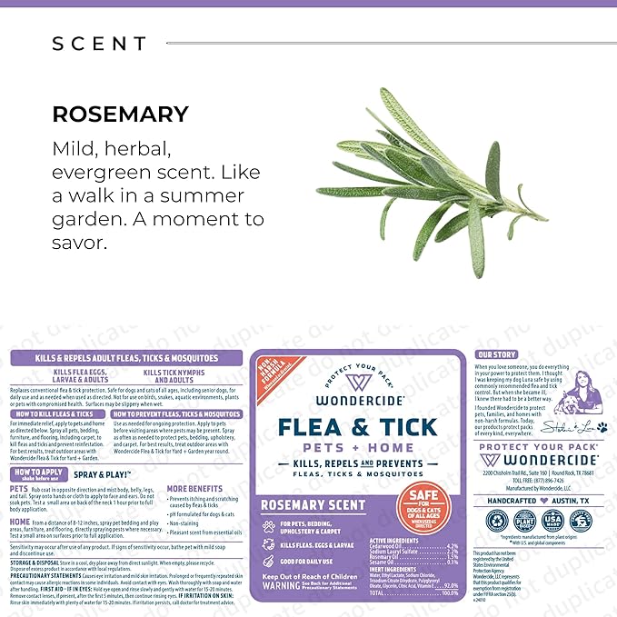 Wondercide - Flea, Tick & Mosquito Spray for Dogs, Cats, and Home - Killer, Control, Prevention, Treatment - with Natural Essential Oils - Pet and Family Safe - Rosemary 16 oz