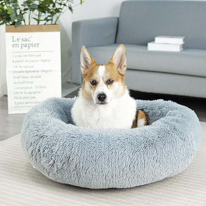 Anti Anxiety Round Fluffy Plush Faux Fur Warm Washable Dog Bed & Cat Bed, Original Bed for Small Medium Large Pets,Used to Relieve Joints and Improve Sleep(20"/24"/27'') (20", Light Grey)