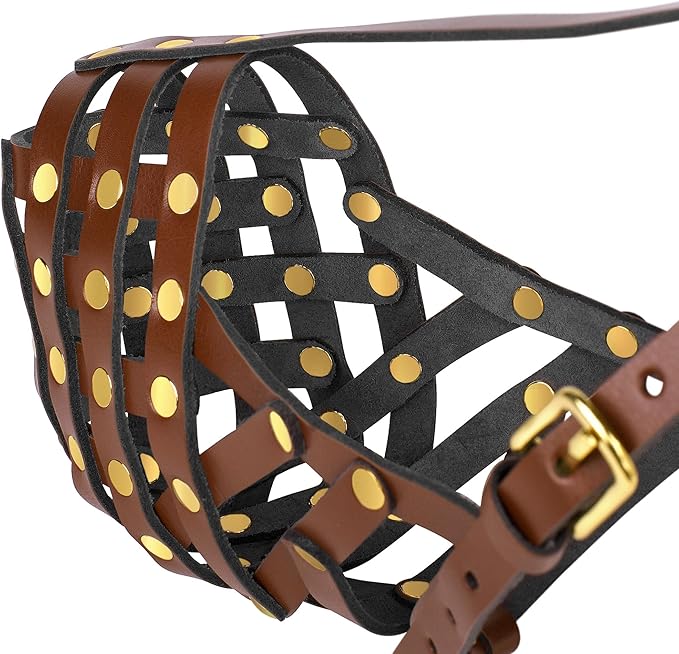 OOPSDOGGY Rottweiler Dog Muzzle for Large Dogs - Leather Breathable Secure Basket Muzzle for Large Breeds Prevents Biting No Chewing Adjustable (Brown, Size 5 - Rottweiler)