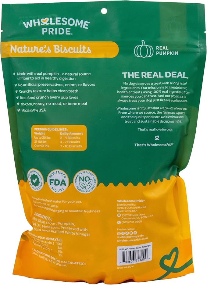 Wholesome Pride Nature’s Biscuits Pumpkin Dog Treats - Crunchy, Natural, Limited‑Ingredient, Grain‑Inclusive Recipe with Fiber‑Rich Pumpkin - Mini Bone‑Shaped Treats - 16oz Bag