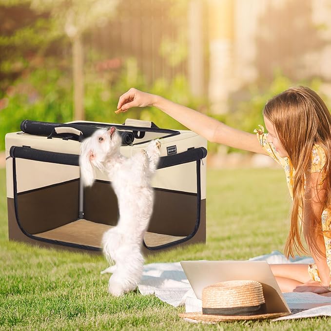 PETSFIT Portable Dog Crate, Collapsible Dog Crate - 24 Inch Easy Set-up, Light, Sturdy, Comfy Inside with Thicken Mat, Soft Crate for Home and Travel Brown