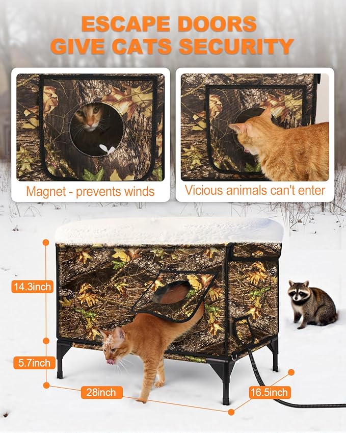 Heated Cat House for Outdoor in Winter, Insulated & Safe Escape Door & Waterproof Heated Cat Bed Shelter with Heating Pad, Warm Home for Outside Feral Barn Stray Kitty(Leaf Color, 16.5"x28"x19.1")