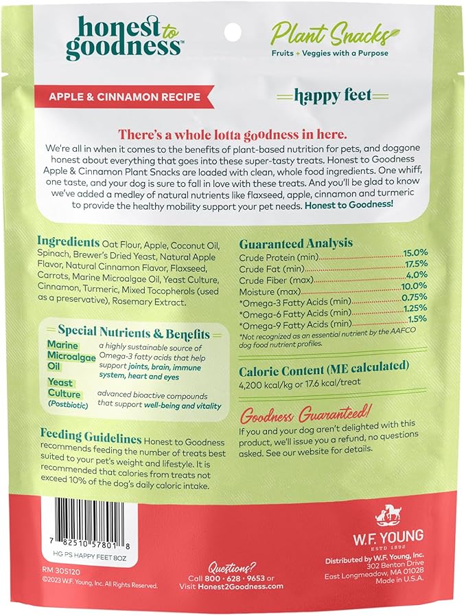 Honest to Goodness Plant Snacks Happy Feet Apple & Cinnamon Recipe Dog Treats, Enriched with Omega 3s & Postbiotics, 8oz