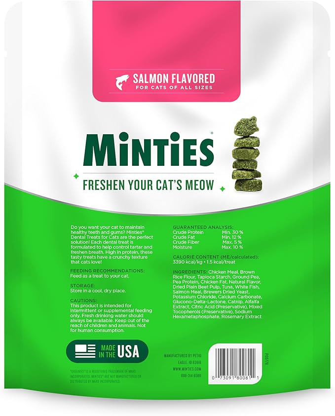 Minties Dental Treats for Cats, Salmon Flavored Cat Dental Treats, Freshens Breath and Controls Tartar, 10oz
