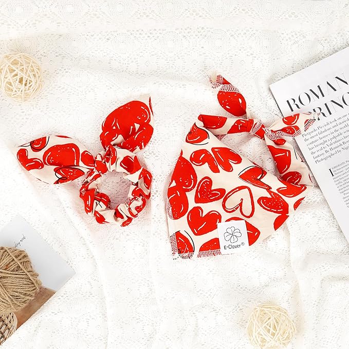 E-Clover Cute Bandana & Matching Scrunchie-Heart Dog Bandanas Red Pet Scarf Bib for Small Dogs Puppy Girl Boy Owner Mothers Day Mom Gift