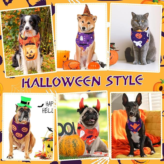 Abbylike 200 Pcs Halloween Dog Bandanas Bulk Pumpkin Bandanas for Dogs Pets Triangle Kerchief Bibs Scarf for Halloween Costume Photo Props Accessories Pet Shops Adoption Events Groomers, 25 Styles