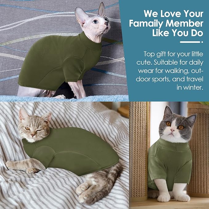 SUNFURA Turtleneck Sweater for Cat, Sphynx Cats Shirt Hairless Cat Sweaters with Sleeves, Warm and Soft Kitten Pullover Fleece Winter Pajamas Jumpsuit for Puppy Cats, ArmyGreen S