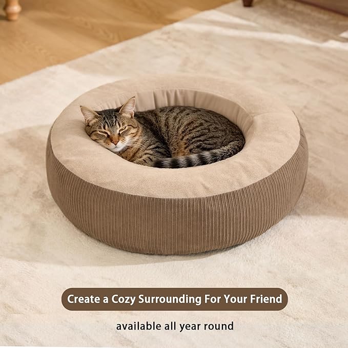 Calming Cat Bed with Anti-Slip Bottom, Washable Removable Round Cozy Donut Pet Bed for Indoor Cats, Small Dogs, Kittens & Puppies 20”x20”x6”