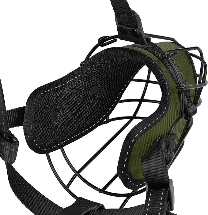 OOPSDOGGY Pitbull Dog Muzzle - Reflective Metal Mask with Wire Basket for Large Dogs - Soft Cage Muzzle to Prevent Biting & Chewing - Adjustable Nylon Straps (Green)