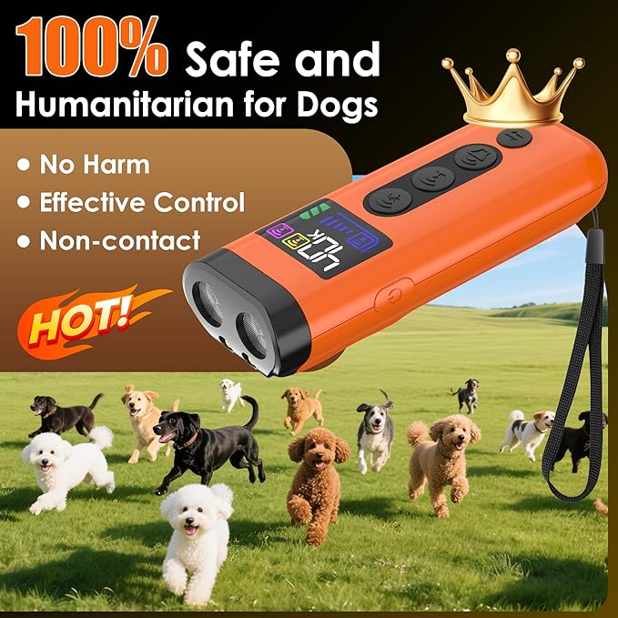 Dog Bark Deterrent Device, 65 FT Range,3X Ultrasonic Bark Deterrent Device & Ultrasonic Dog Trainer - Anti-Barking Device with Color Display, Safe & Effective Alternative to Bark Collars - Orange
