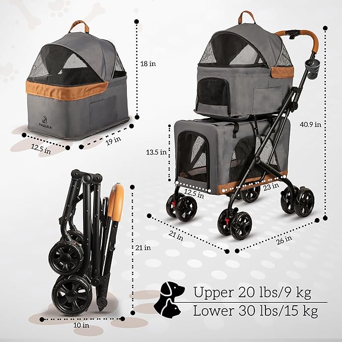 Double Pet Stroller with Detachable Carriers - Ideal for 2 Dogs or Cats - Compact & Convenient Design - Easy Assembly Double Dog Stroller - Graphite Gray