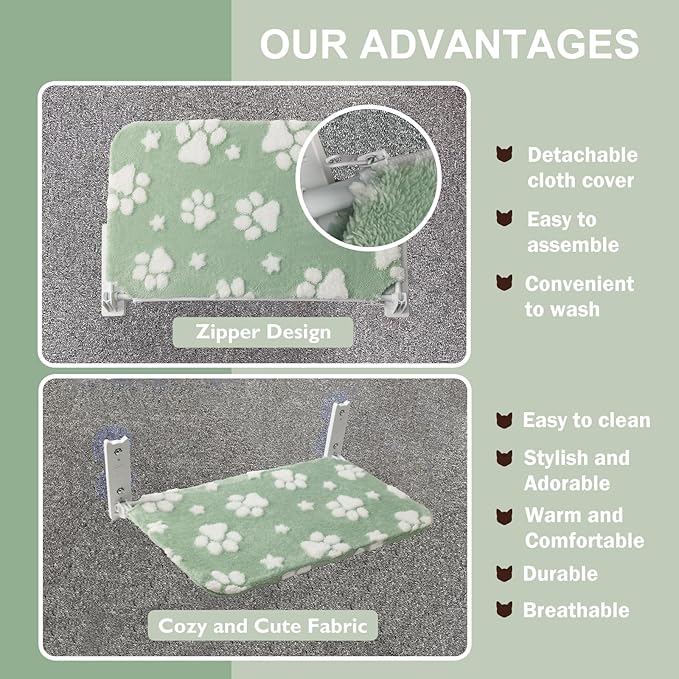 Cat Window Perch, Foldable Cat Window Hammock with Cute 3D Textured Flower Cover, Breathable Mesh Cover and Strong Suction Cups, Cordless Window Seat Bed for Indoor Cats (Green, Medium)