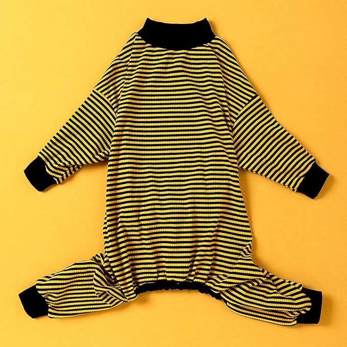 LovinPet Dog PJS Clothes for Giant Dogs, Pitbull Pure Cotton Yellow and Black Stripe Dog Shirt, 4-Legged Design, Full Body Coverage, Pajamas for Pitbulls, Onesies for Dogs, 2XL