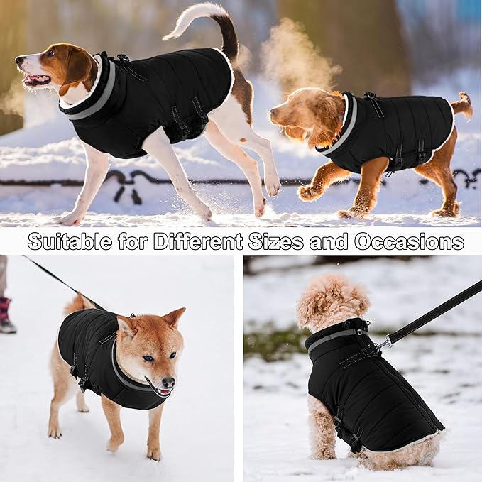 Dogcheer Dog Coat, Waterproof Dog Jacket with Harness, Reflective Adjustable Winter Coat with Zipper, Christmas Pet Snow Jacket Clothes for Small Medium Large Dogs - Black XL