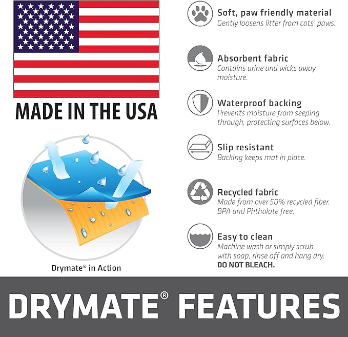 Drymate XL Original Cat Litter Mat, Contains Mess from Box, Protects Floors, Urine-Proof, Machine Washable, Soft on Kitty Paws, Absorbent, Waterproof (USA Made, Recycled Content) (28”x36”)(GreyStripe)