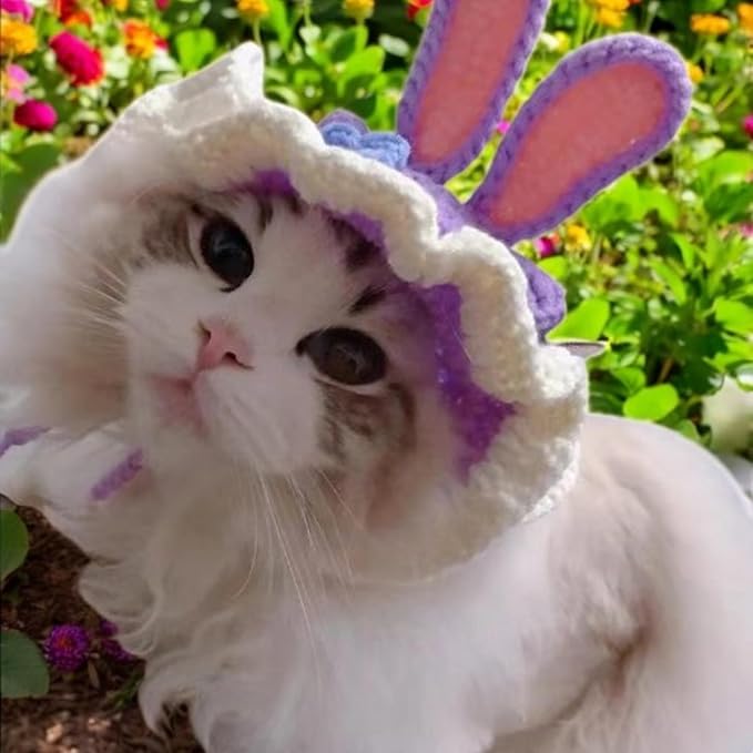 2Pcs Cute Knitted Hat for Cat, Funny Bunny Crochet Hats for Cats Guinea Pig Small Dog Rabbit, Pet Cat Costume for Birthday Party Christmas Halloween, Bunny Costume Accessories (Rabbit, Tiger)