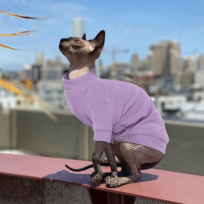 PUMYPOREITY Stretchy Cat Shirt, Sweater With Sleeves, Soft Clothes for Sphynx Hairless Cats, Devon Rex - Purple, L