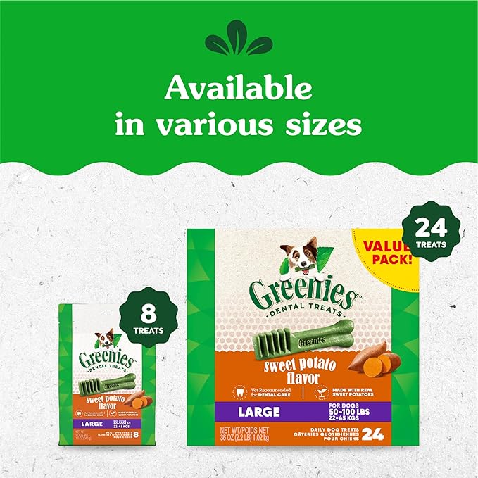 Greenies Large Dental Dog Treats, Sweet Potato Flavor, 36 oz. Pack (24 Treats)