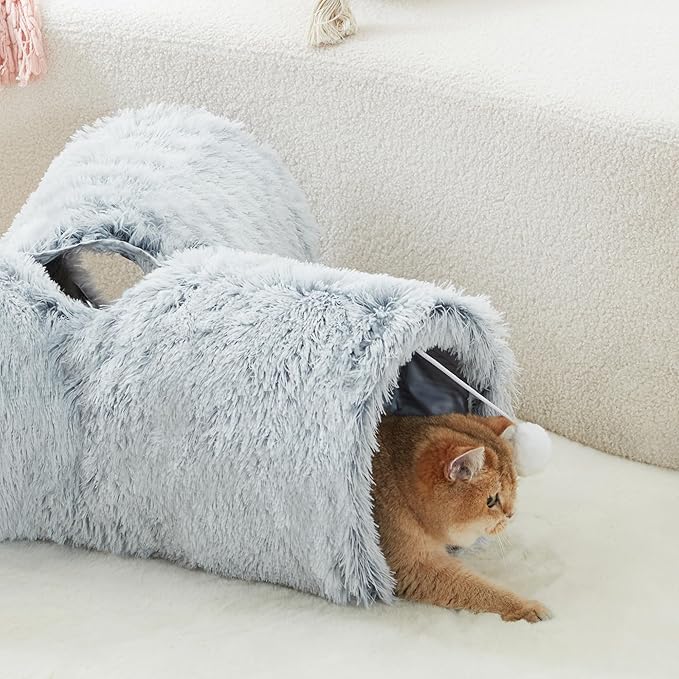Tempcore Plush Pet Cat Tunnel Tube Cat Toys 3 Way Collapsible, Tunnels for Indoor Cats,Kitty Tunnel Bored Pet Toys Peek Hole Toy Ball Puppy, Kitty, Kitten, Rabbit Light Grey