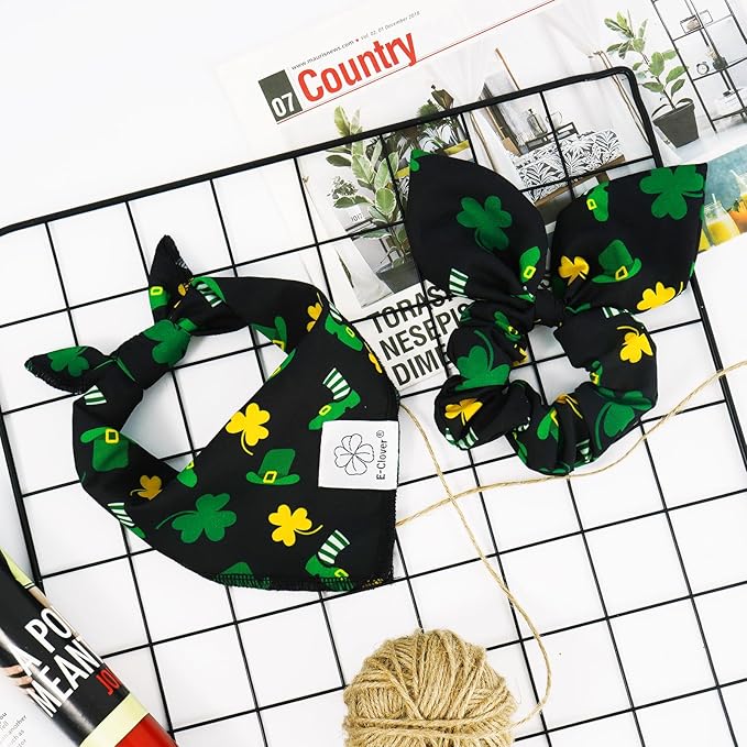 E-Clover Dog Bandana Boy & Matching Scrunchie-Shamrock Dog Bandanas Irish Pet Scarf Bib for Samll Dogs Puppy Girl Owner Gift Dark Green