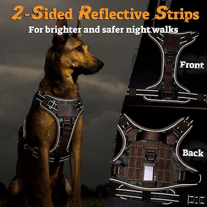 rabbitgoo Dog Harness for Large Dogs No Pull, Tactical Service Pet Vest with Molle and Control Handle, Adjustable and Reflective Military Harness for Easy Walking and Training, Brown camo, XL