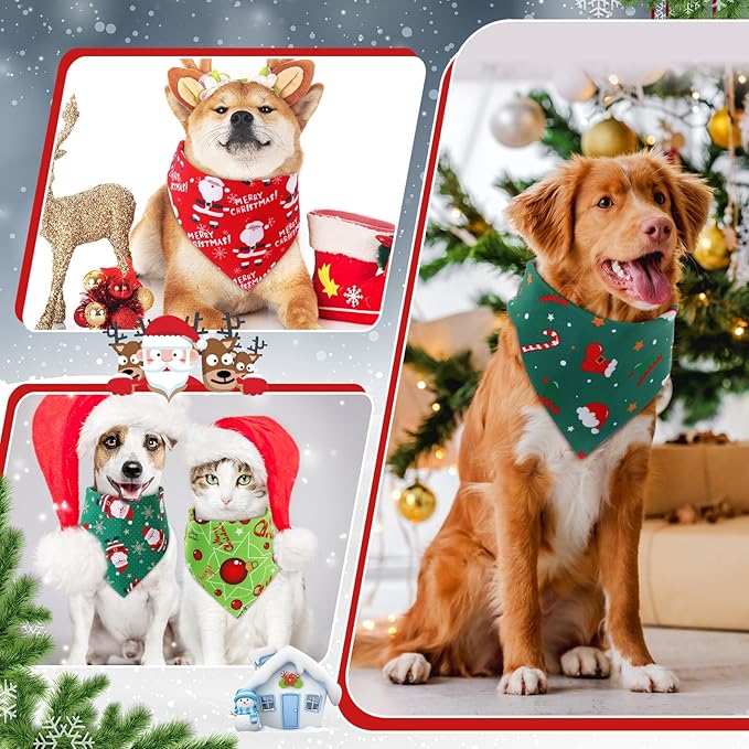 Preboun 200 Pcs Christmas Dog Bandanas Bulk Xmas Red and Green Bandanas for Dogs Triangle Kerchief Bibs Scarf Set for Pet Christmas Costume Photo Props Accessories Pet Shops, 25 Styles