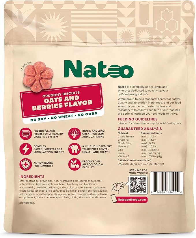 NATOO Biscuits for Small Dogs & Puppies Crunchy Dog Treats, Oats & Berry Healthy Natural Canine Biscuits, Rich in Omega 6, Prebiotics & Fibers, Antioxidants for Immunity (8 oz)