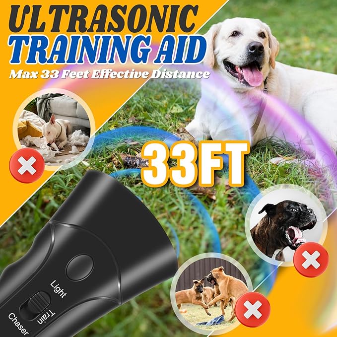 Anti Barking Device, Dog Barking Control Devices with 3 Modes & LED Light, Dual Sensor Ultrasonic Dog Bark Deterrent up to 33Ft, Dog Training Tools, Safe for Human & Dogs Portable Indoor & Outdoor