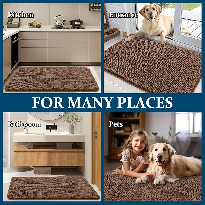 OLANLY Dog Door Mat for Muddy Paws 44x24, Absorbs Moisture and Dirt, Absorbent Non-Slip Washable Doormat, Quick Dry Chenille Mud Mat for Dogs, Entry Indoor Entryway Carpet for Inside Floor, Mocha