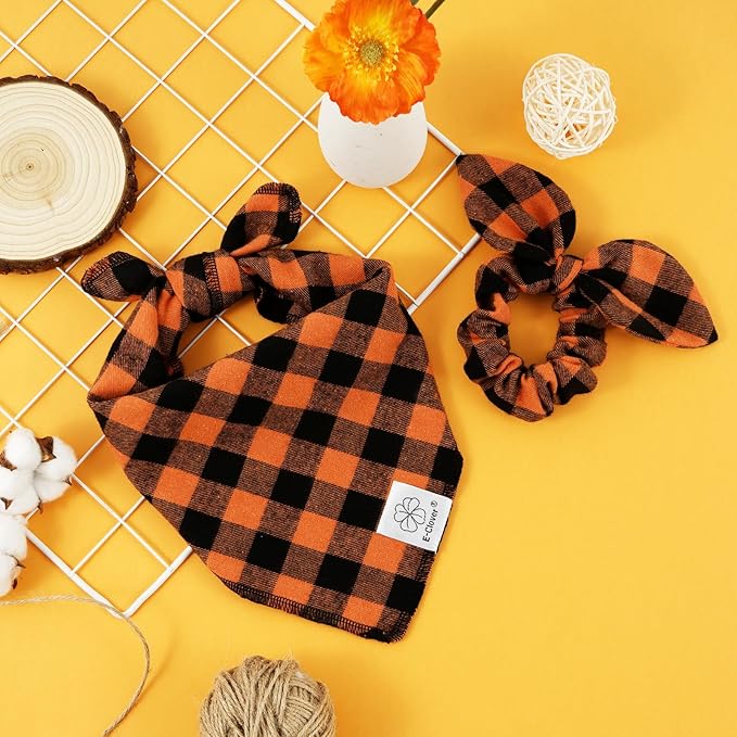 E-Clover Fall Dog Bandana & Matching Scrunchie-Orange Black Dog Bandanas Plaid Pet Scarf Bib for Medium Large Dogs Girl Boy Owner Gift Orange Black