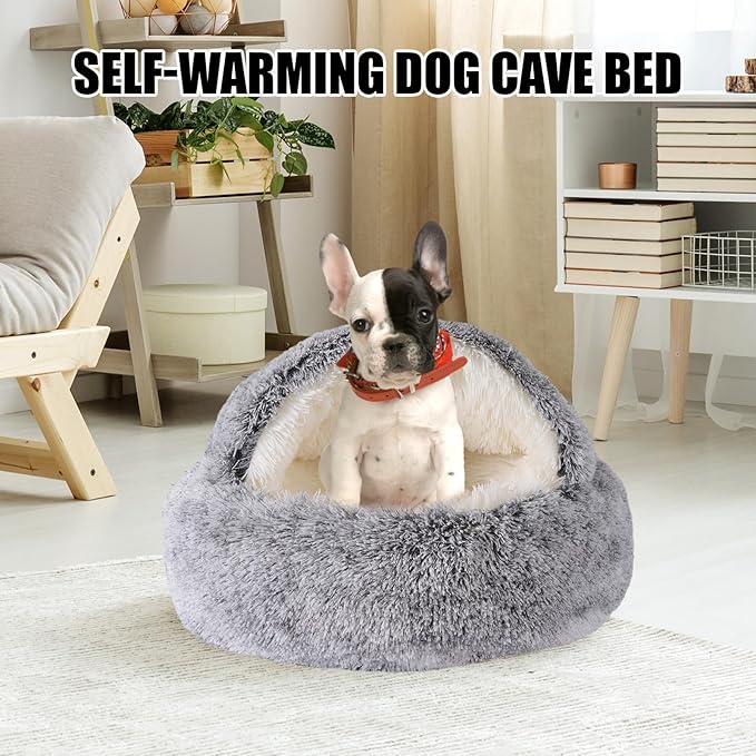 Cat Beds for Indoor Cats,Cat Cave for Puppy and Kitty,Calming Small Dog Bed for Small Dogs with Cover Cave,Cozy Warming Fluffy Washable Anti-Slip Pet Sleeping Bag (20 * 20inch,Grey)