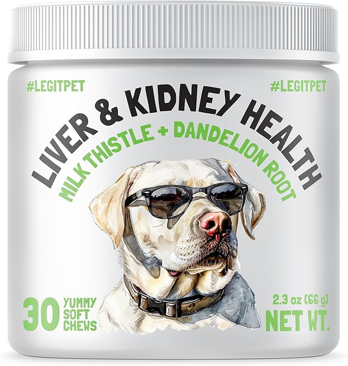 Liver & Kidney Support for Dogs Detox Natural Supplement with Milk Thistle Dandelion Root Turmeric Curcumin Hepatic Support Treats for Canine Liver Function (30 Chews (Pack of 1))