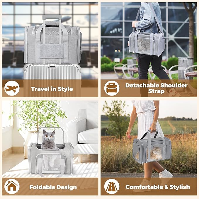 Airline Approved Pet Carrier 17"x11"x11" – Soft Sided Cat Dog Travel Bag for Small Pets up to 15 lbs, Portable Collapsible Pet Carrier Under Seat with Mesh Ventilation & Shoulder Strap (Grey)