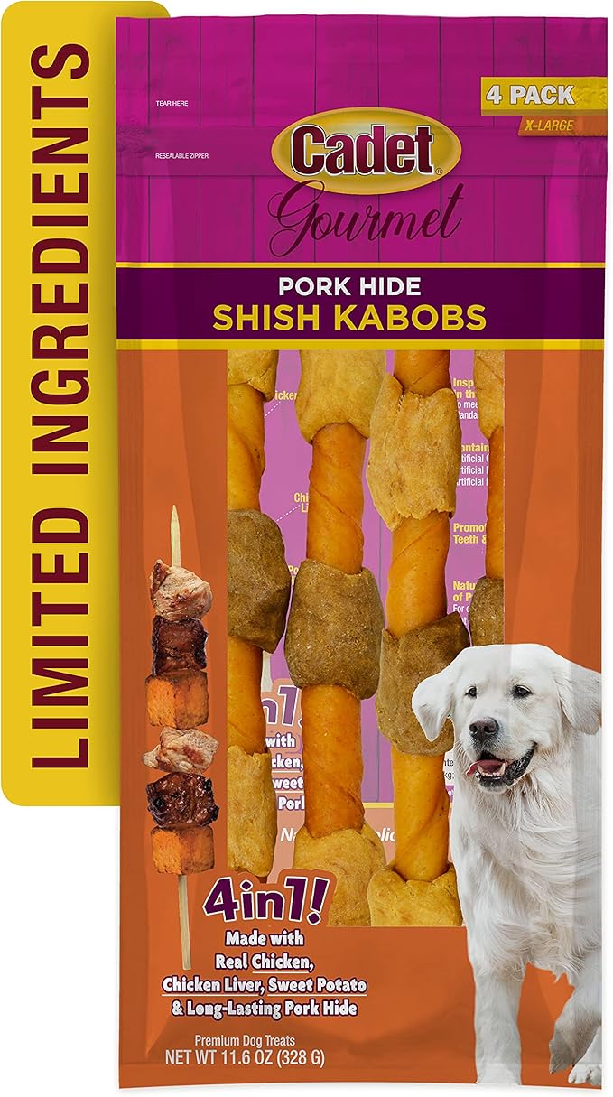Cadet Gourmet Shish Kabob Dog Chews for Large Dogs, Rawhide Treats with Chicken and Sweet Potato, Healthy & Natural Pork Hide, 10-Inch Sticks, 4 Count