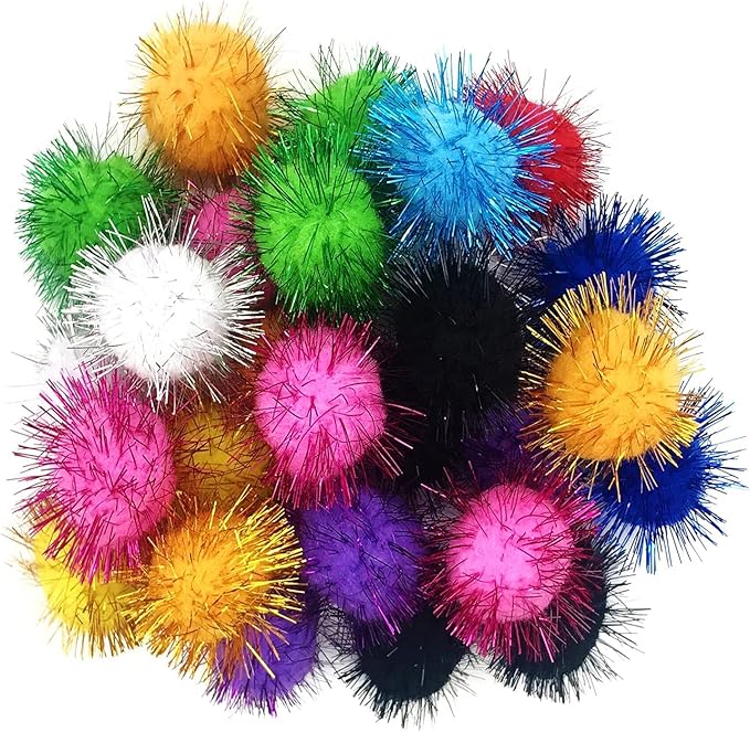 60 Pcs Cat Ball Toys, 1.8 Inch Sparkle Tinsel Glitter Pom Pom Ball Cat's Favorite Toys, Random Color
