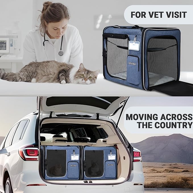 Petskd 2 in 1 Double Cat Car Travel Carrier with Litter Box, 38"x17"x18" Portable Dual Extra Large Cat Carrier for Multiple Cats with Zipper Locks for Moving Across The Country