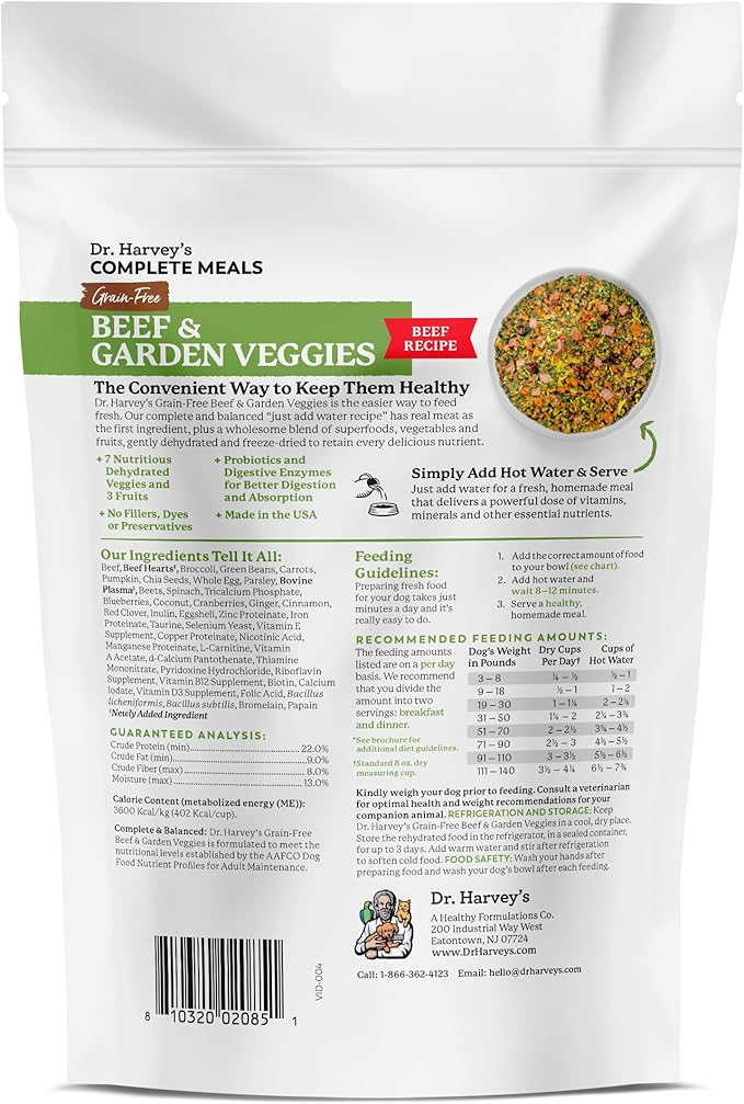 Dr. Harvey's Beef & Garden Veggies Dog Food, Human Grade Grain-Free Dehydrated Food for Dogs with Freeze-Dried Beef, Trial Size (5.5 Oz)