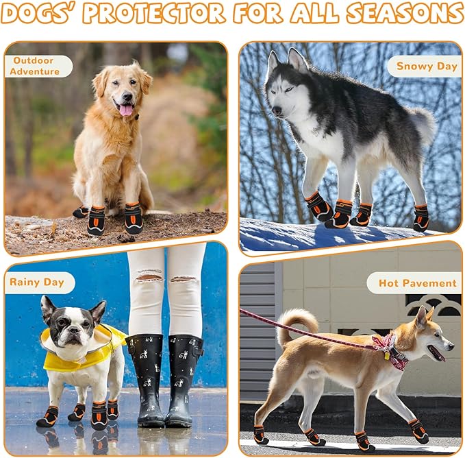Dog Shoes for Hot Pavement,Dog Boots & Paw Protectors for Large Medium Size Dogs to Prevent Licking,Dog Booties with Reflective for Outdoor,Hiking,Hardwood Floors,Winter Snow(Black Orange,Size8)