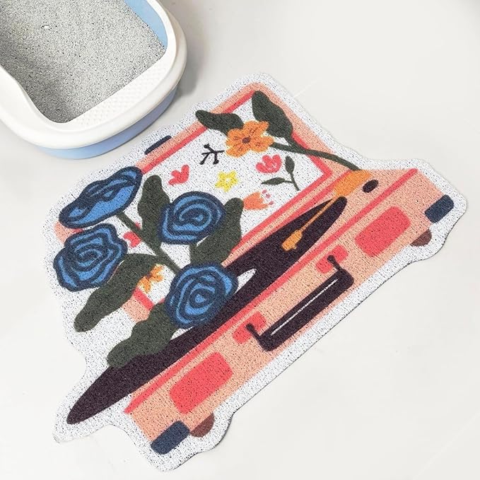 Lukamoo® Cute Cat Litter Mat (30’’x20’’), Large/L, for Kitty Litter & Cute Cat Litter Box, Cat Accessories for Indoor Cats, Litter Trapping Mat (Large (30'' x 20''), Record Player)