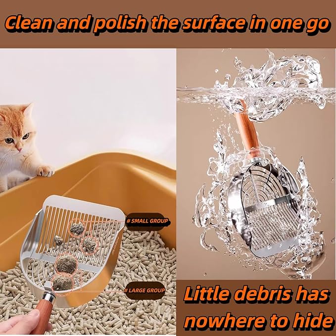 Heavy Duty Aluminum Alloy Cat Litter Scoop with Stand | Beech Wood Grip + Long Handle for Comfort | Deep Sifter for Fast, Efficient Poop/Litter Cleaning | Durable for Litter Box (Black Round hole row)