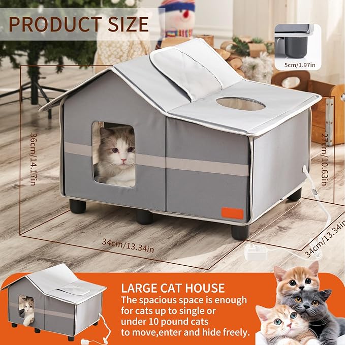 Heated Cat House for Outside Pets in Winter, Heated Outdoor Cat House Weatherproof, Insulated Cat Shelter with Heating Mat