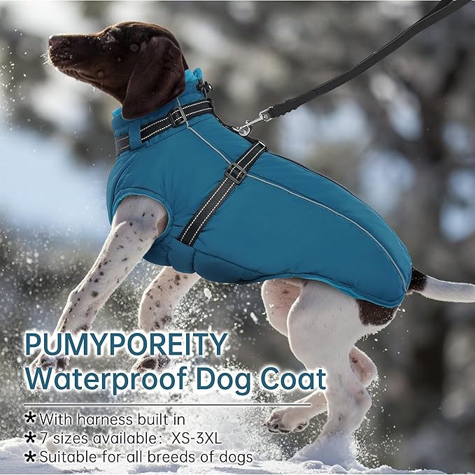PUMYPOREITY Dog Coat with Harness Built in, Reflective Fleece Jacket, Thick and Warm Winter Coat, Medium Dog Jacket with Zip, Cold Weather Coats for Outdoor, Waterproof Pet Snowsuit, Blue, L